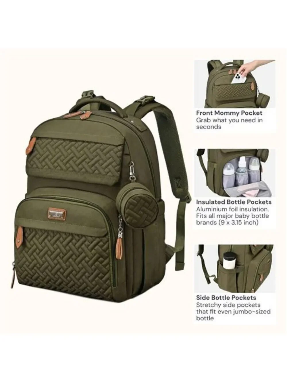 BabbleRoo Diaper Bag Backpack Waterproof Travel Baby Bag with Changing Pad